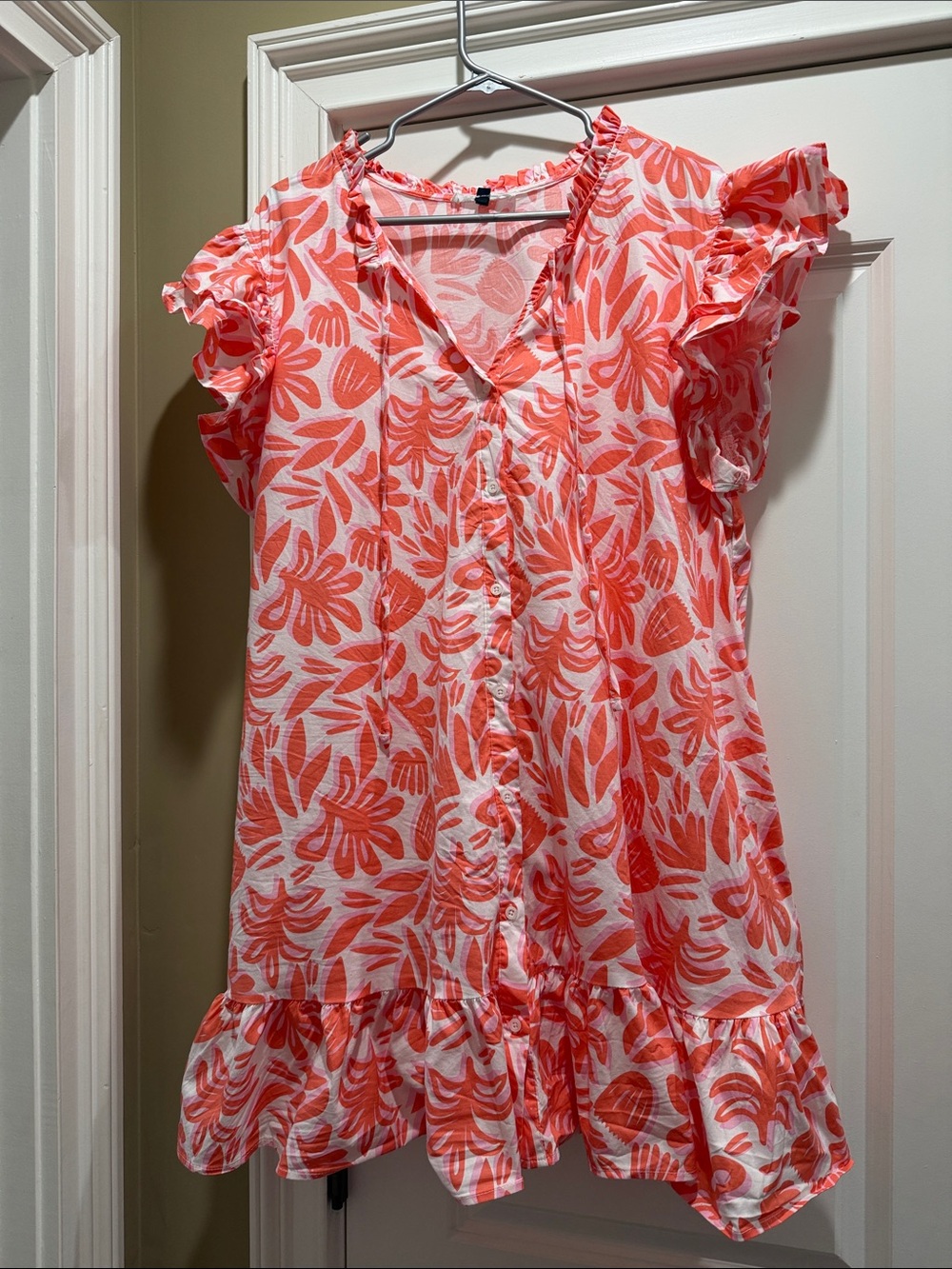 Coral Floral Ruffle Button-Front Women's Dress